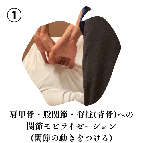 ①肩甲骨・股関節・脊柱(背骨)への関節モビライゼーション(関節の動きをつける)
