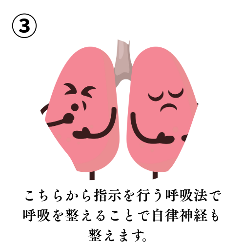 ③こちらから指示を行う呼吸法で、呼吸を整えることで自律神経をも整えます。